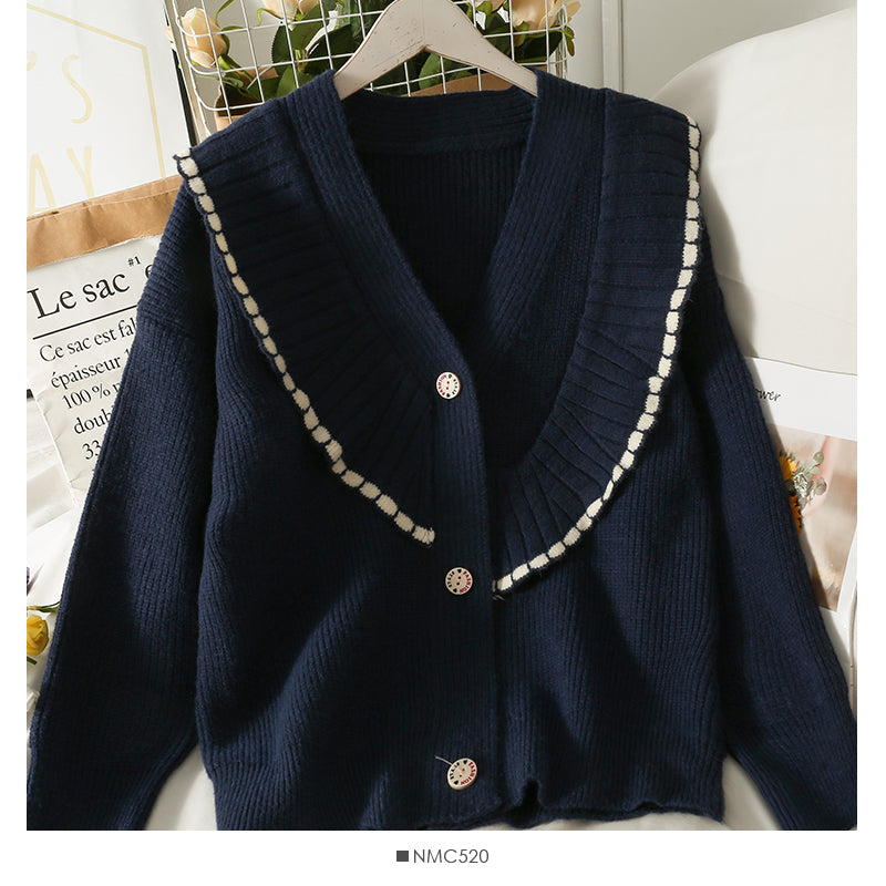 Contrast Ruffle V-neck single breasted loose thin sweater 1834