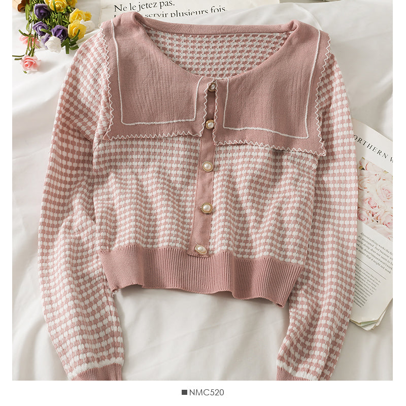 Slim and slim check long sleeve sweater women's doll neck 1760