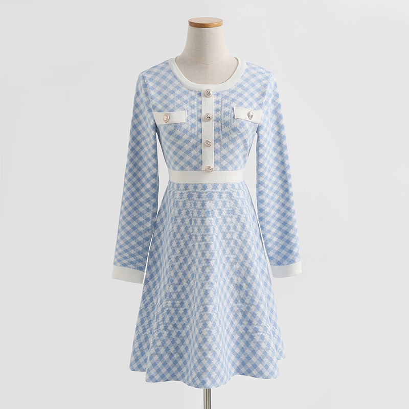 Small fragrance dress long sleeve slim thousand bird check skirt 2425