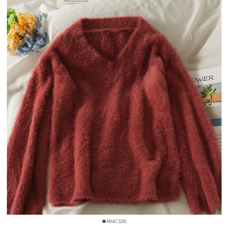 Plush loose thin V-Neck Sweater Korean versatile long sleeve Pullover Top 1995