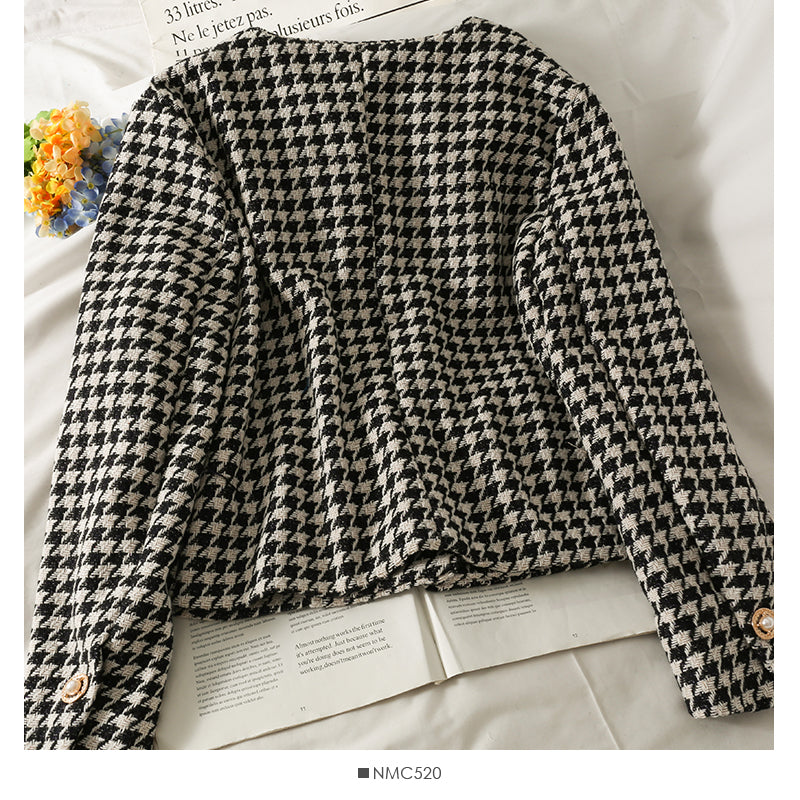 Korean retro three button short thousand bird lattice small suit for women 2087