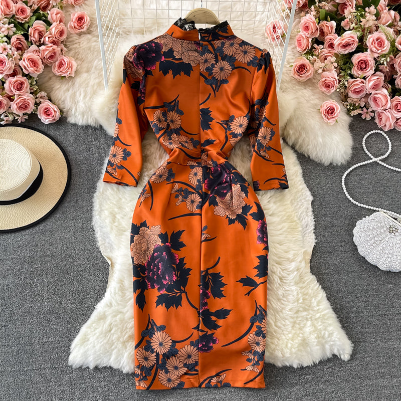 Split cheongsam lace stitched stand collar dress 3244