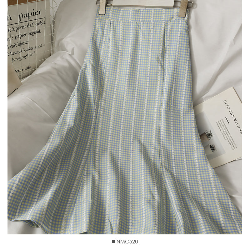 Korean Plaid print versatile medium length skirt for women 2620