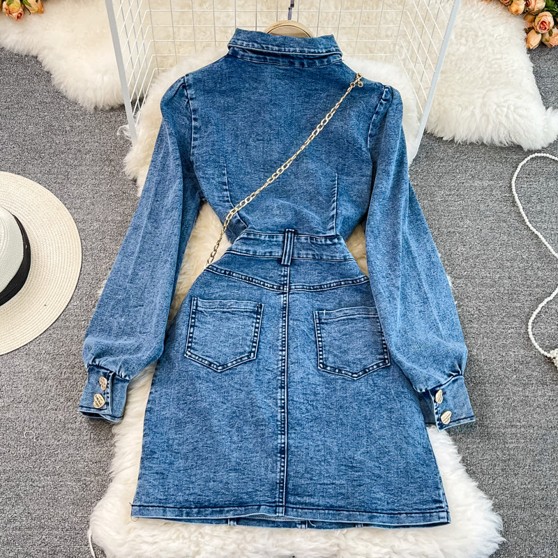 Vintage Lapel bubble sleeve design hollow denim dress 3019