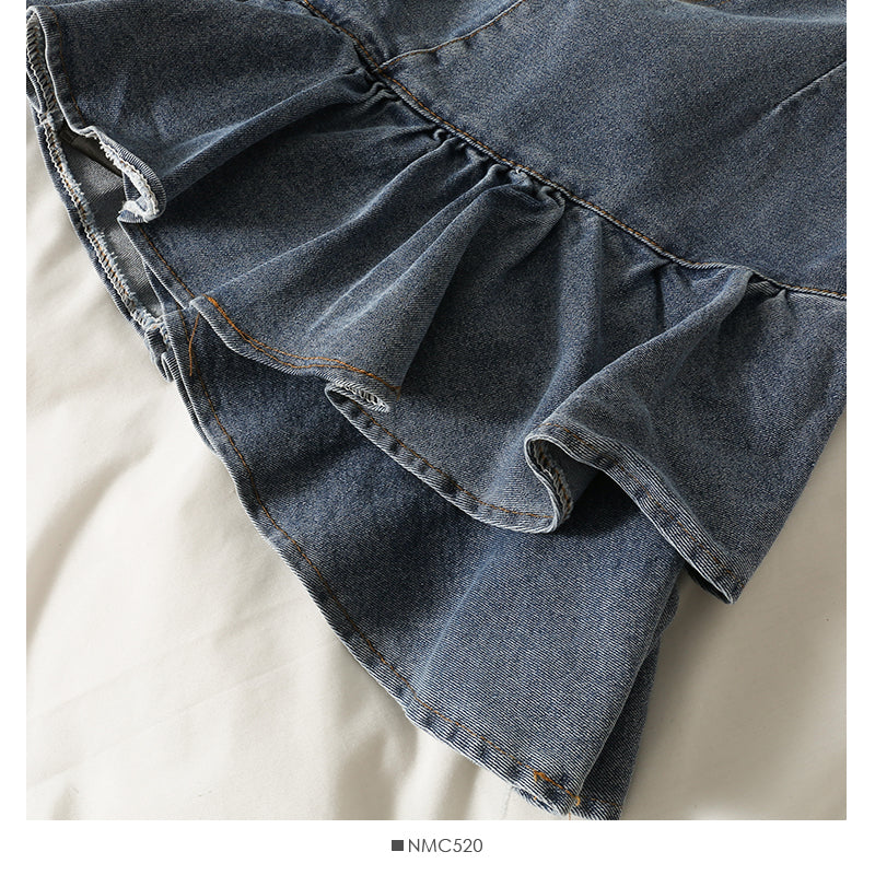 Light denim skirt with thin waist and ruffle edge 2561