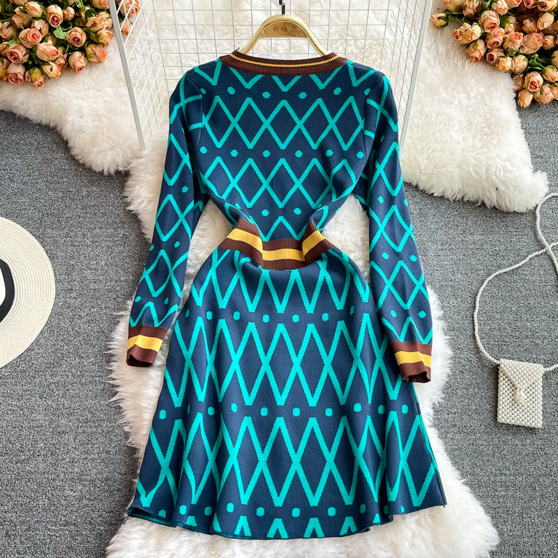 Small fragrance color blocking waist to show thin temperament design dress 3101