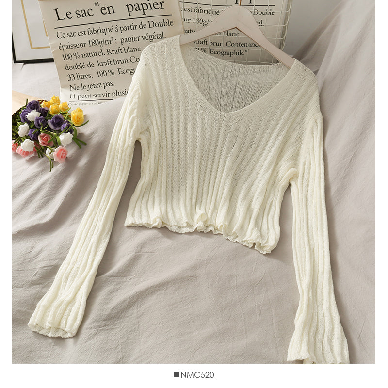Vertical stripe thin micro transparent short sweater 1717