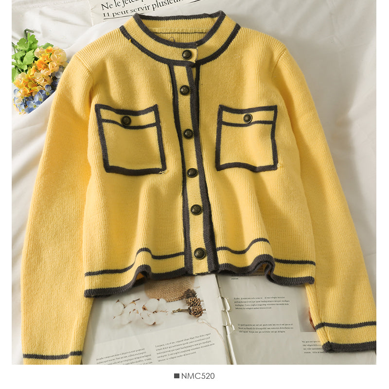 Korean stripe stand collar single breasted cardigan sweater female 1802