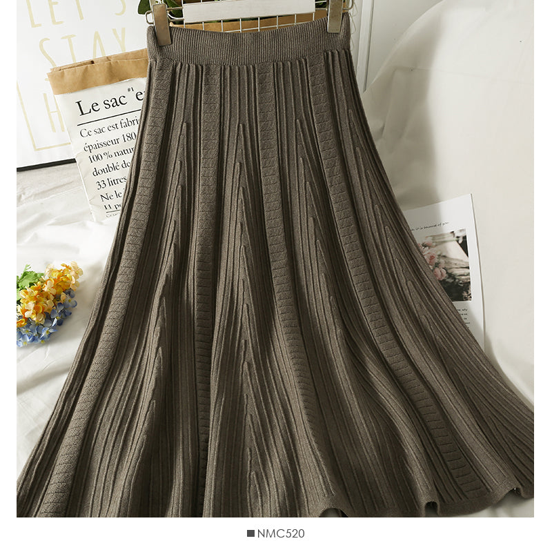 Hong Kong style retro vertical stripe elastic waist thin solid A-line skirt 2625