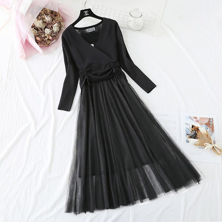 Women's suit skirt fashion knitted sweater + suspender mesh dress 2174