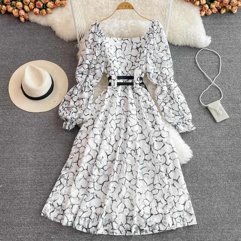 V-neck single breasted high waist slim lace dress 3124