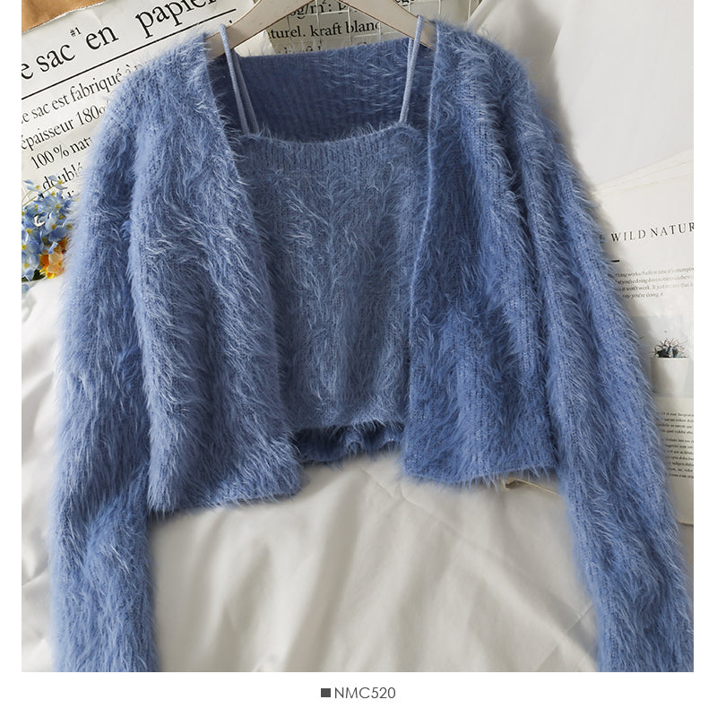 Slim cardigan long sleeved sweater with suspender vest inside 1695