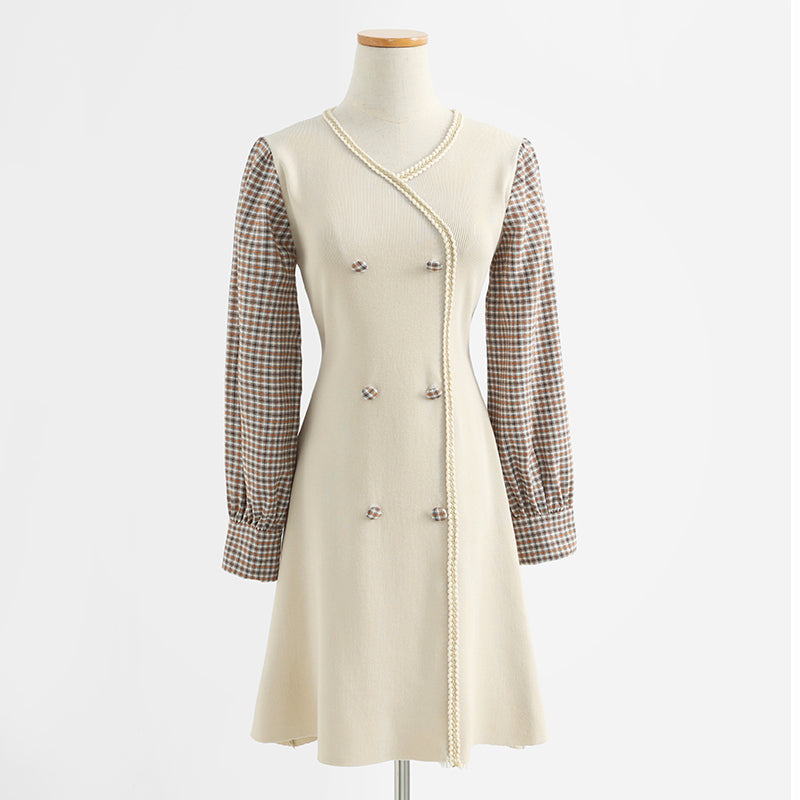 Dress long sleeve aging temperament Plaid knitted skirt with slim waist 2426