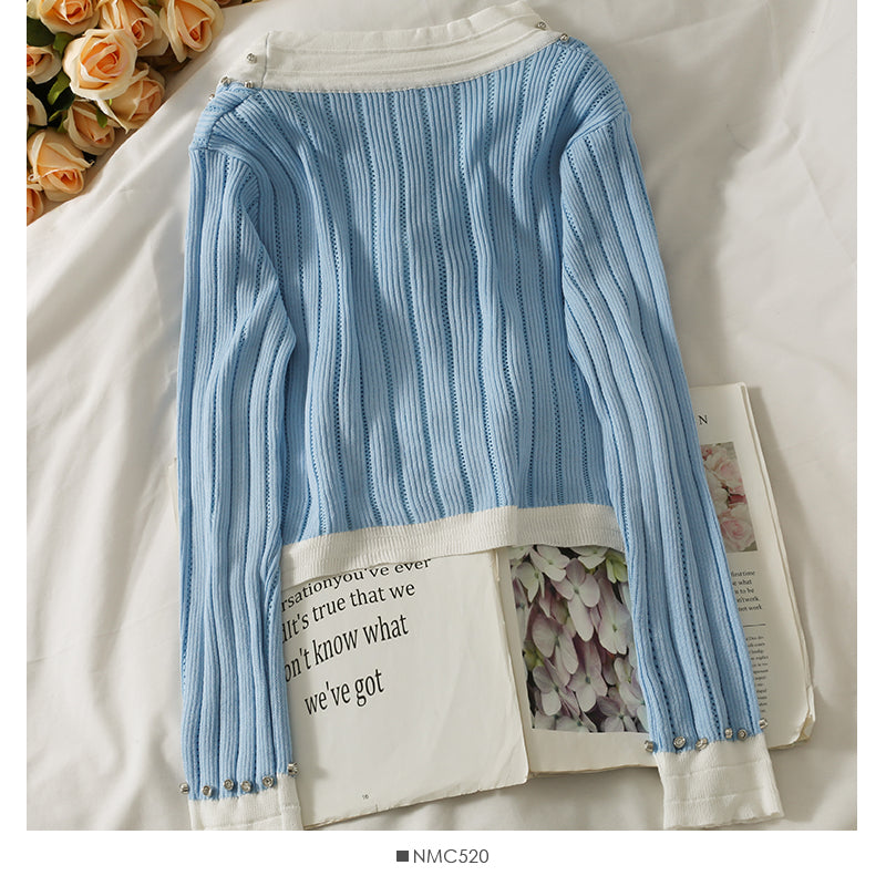 Diamond bow trim low neck long sleeve knit 1746