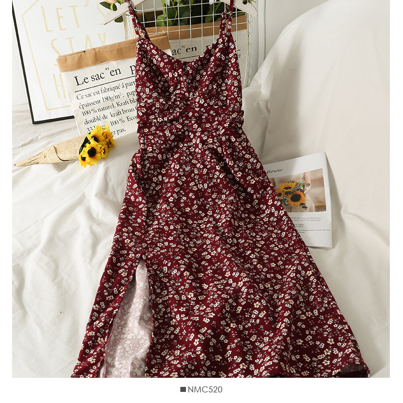 Sweet little fresh broken flower high waist medium length beautiful back suspender skirt 2695