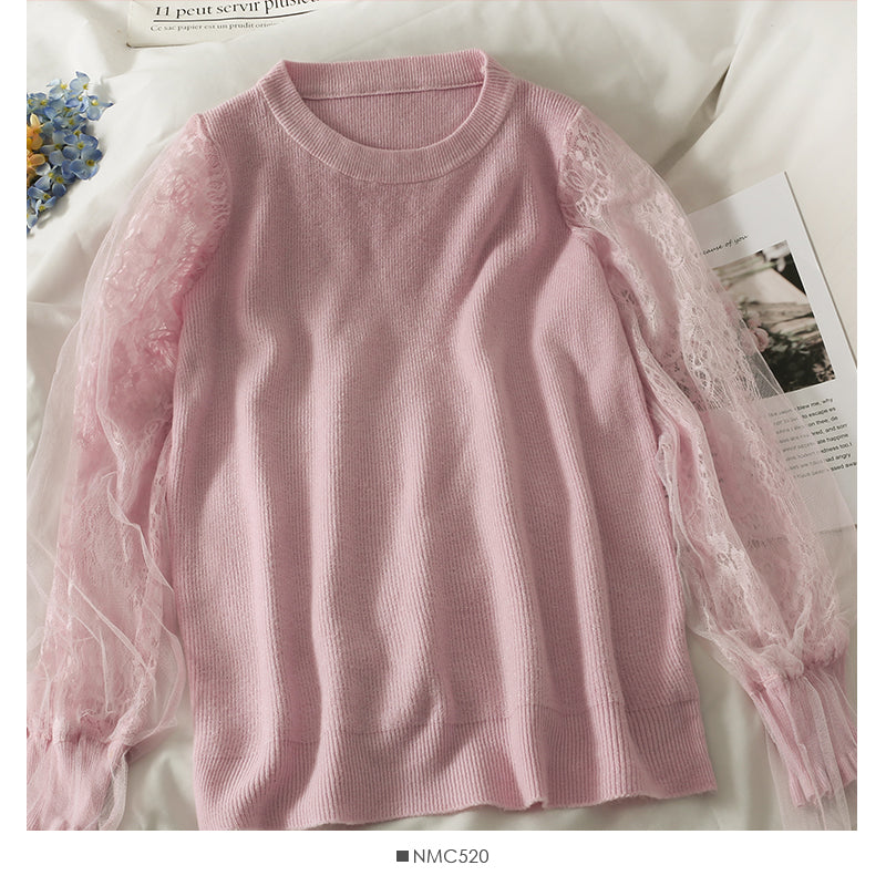 Mesh stitching loose and slim long sleeve Pullover Sweater 1817