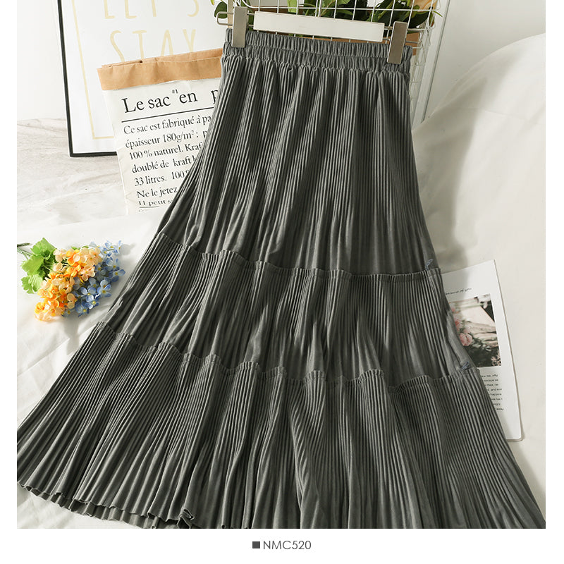 Versatile solid color high waist thin pleated skirt 2554