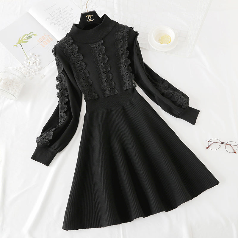 Knit wool skirt over knee Lace Panel with long skirt inside 2243