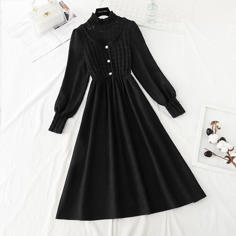 New gentle style lace stitching celebrity Plush bottomed little black skirt 2260