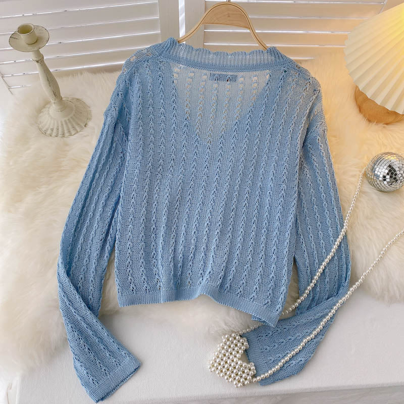 Knitted cardigan thin hook flower hollow out long sleeve 1583