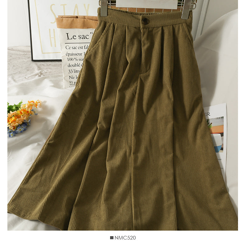Hong Kong style retro high waist medium length casual A-line skirt 2574