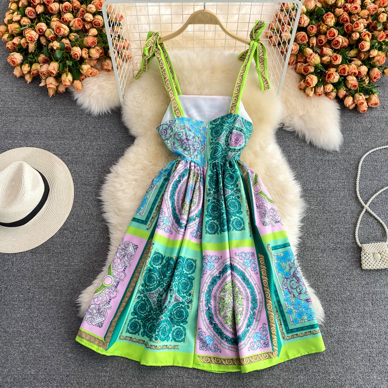 Printed strapless dress medium length high waist slim suspender skirt 3222
