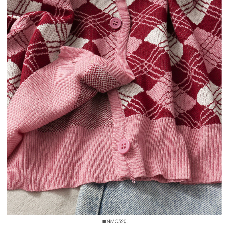 Hong Kong Vintage diamond check single breasted sweater top 1894