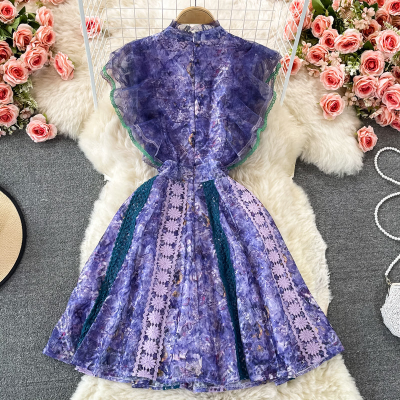 Stand collar water-soluble lace waist closing slim dress 3081