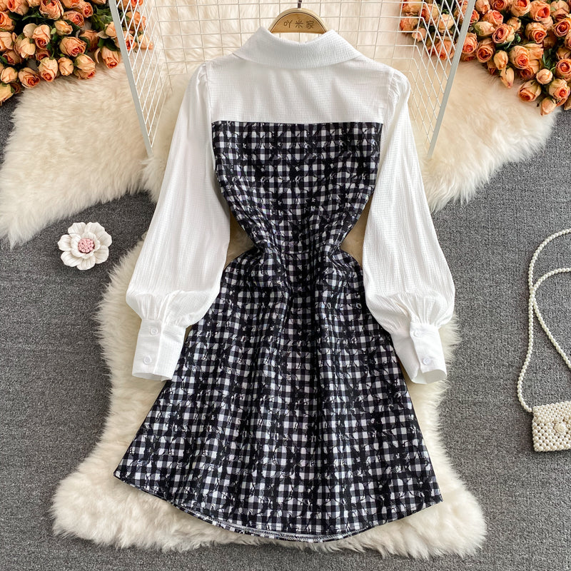 New design shirt collar patchwork chest cutout dress 3119