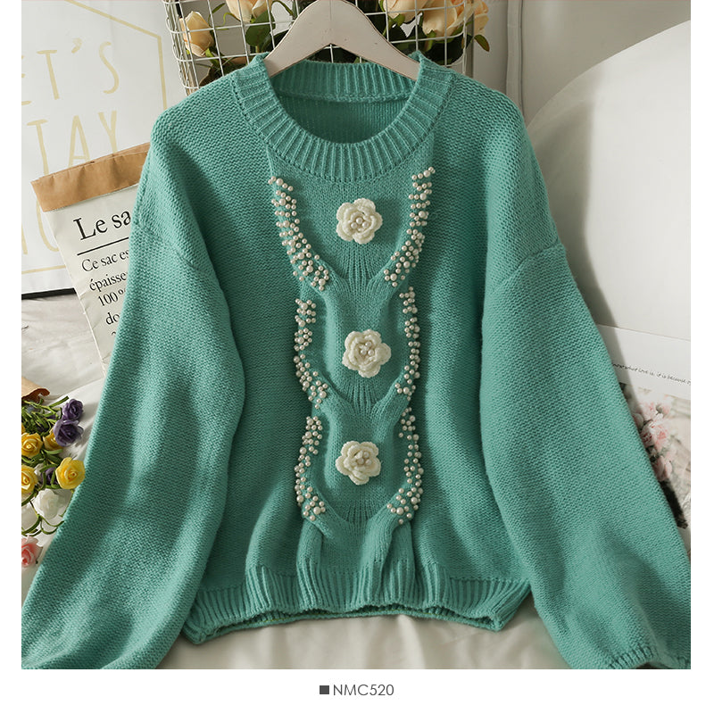 Han Fan nail bead three-dimensional flower round neck bubble sleeve T-shirt 1944
