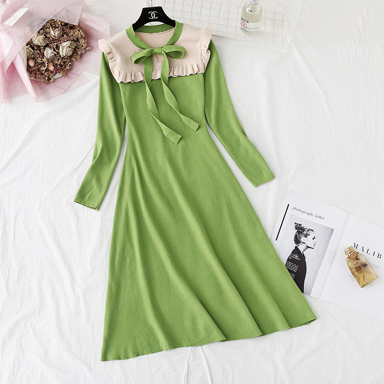 New fashion French retro long sleeve bottomed wool dress 2393