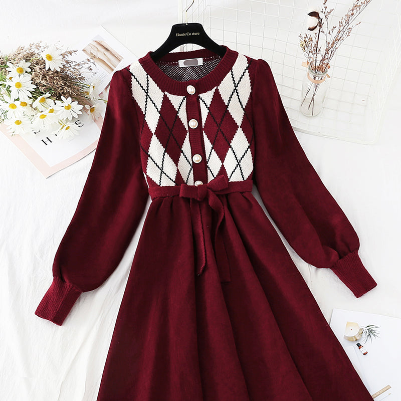 Corduroy stitched knitted dress with coat 2127
