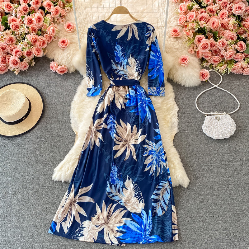 Robe portefeuille fendue une pièce Robe imprimée à col en V 3227