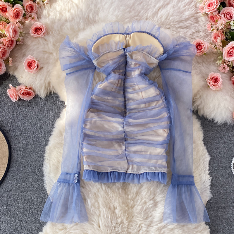 Mesh pleated slim fit Strapless Hip Wrap Dress 3226