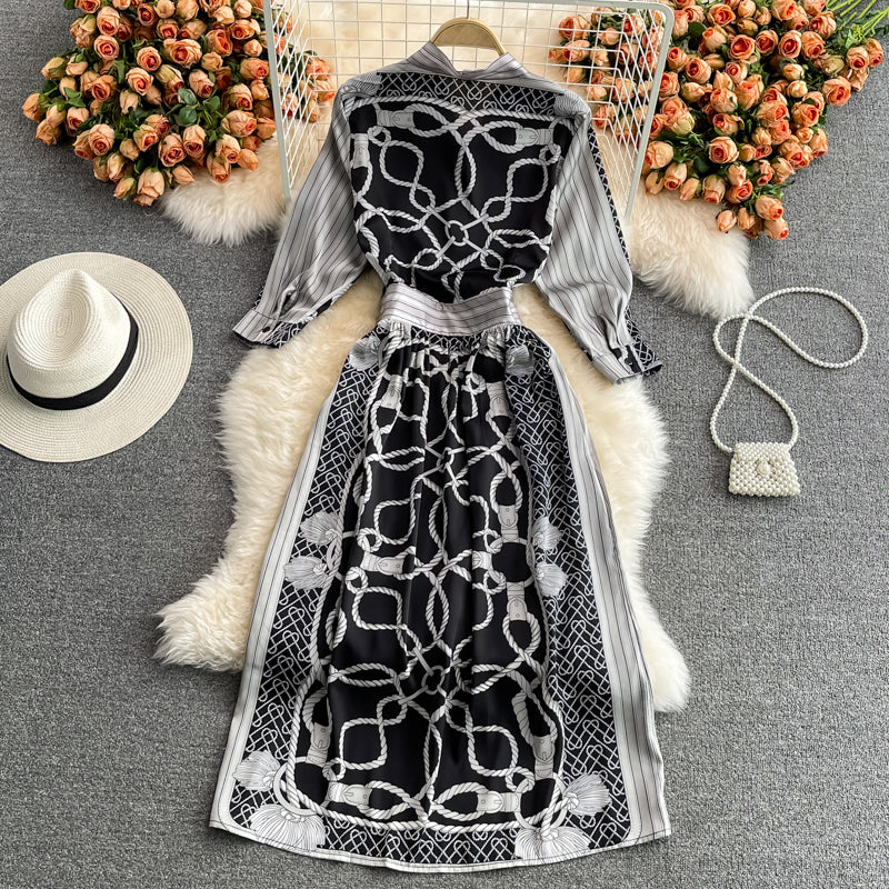 Bow print medium length waist closing high-end French dress 3207