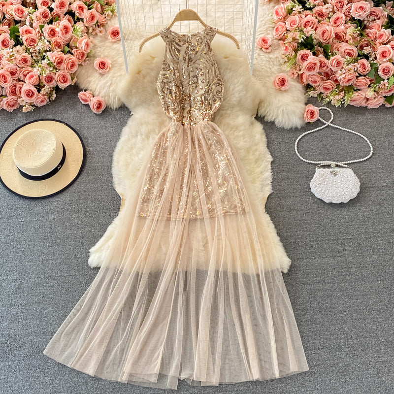 Sexy mesh patchwork neck off shoulder Sequin dress 2908