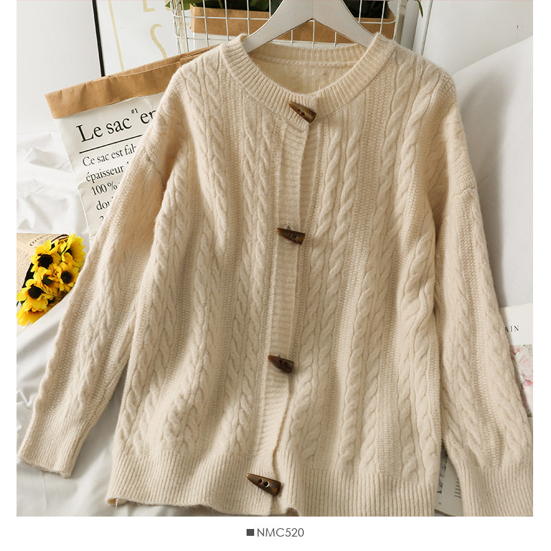 Sweater women's solid color ox horn button round neck sweater 1825