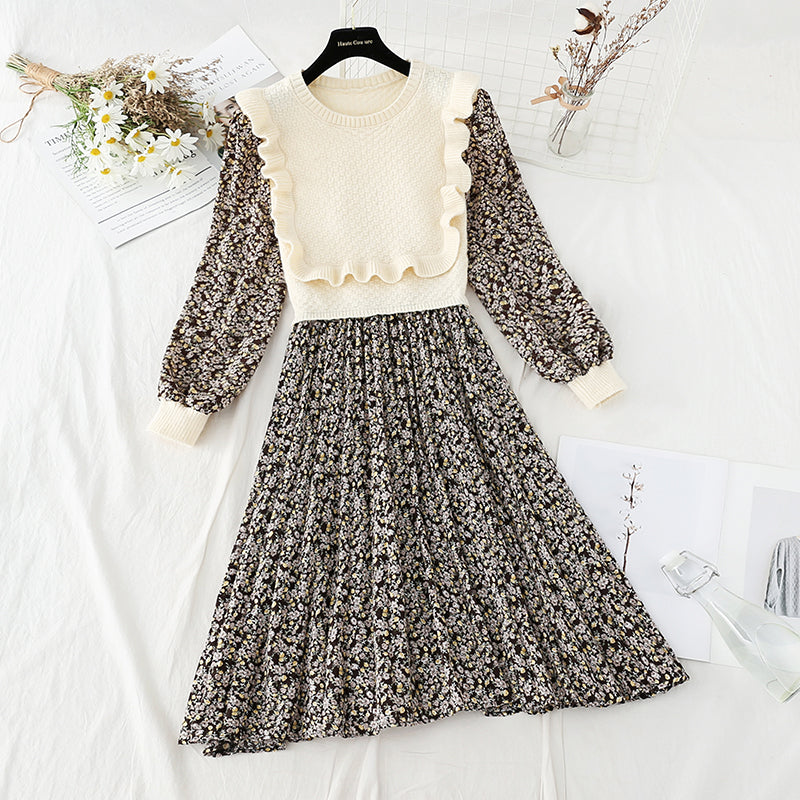 Dress foreign style age reduction splicing broken flower tea break Platycodon grandiflorum skirt 2261