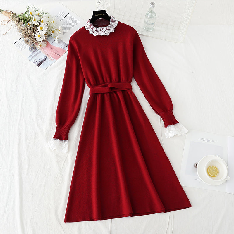 Lace stitched knit dress half high neck slim long sleeve 2404