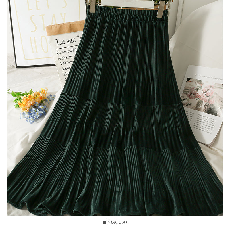 Retro loose slim stitching medium length organ pleated A-line skirt 2571