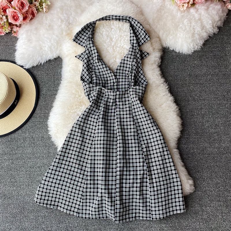 Robe à carreaux à encolure à ceinture rétro française 2966
