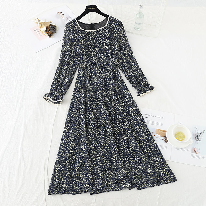 Small fresh long sleeve square neck thin Floral Chiffon Dress 2419
