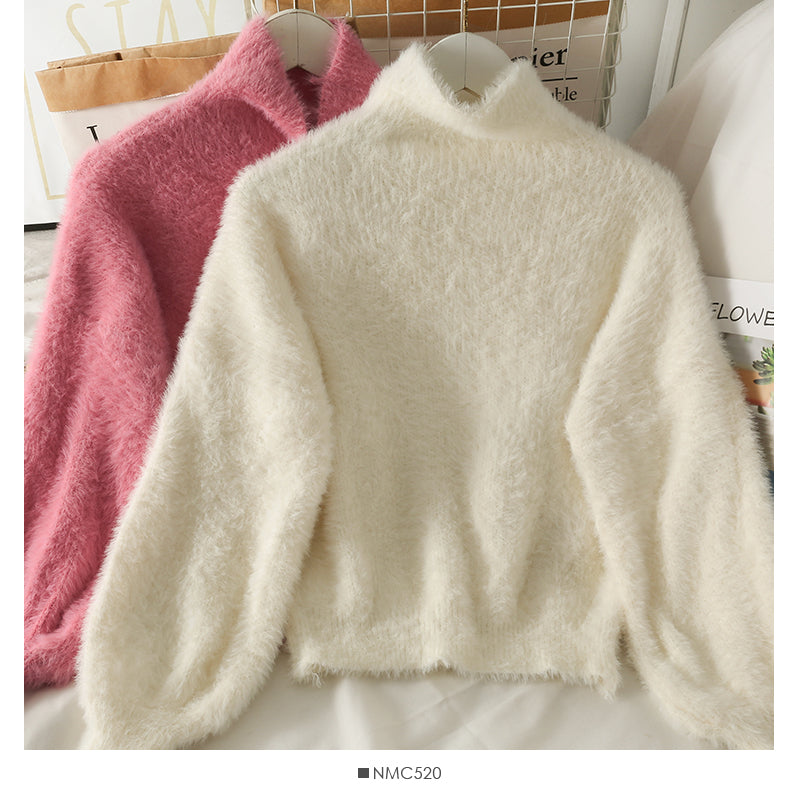Sweater female Plush high neck slim fit solid color versatile long sleeve top 1764