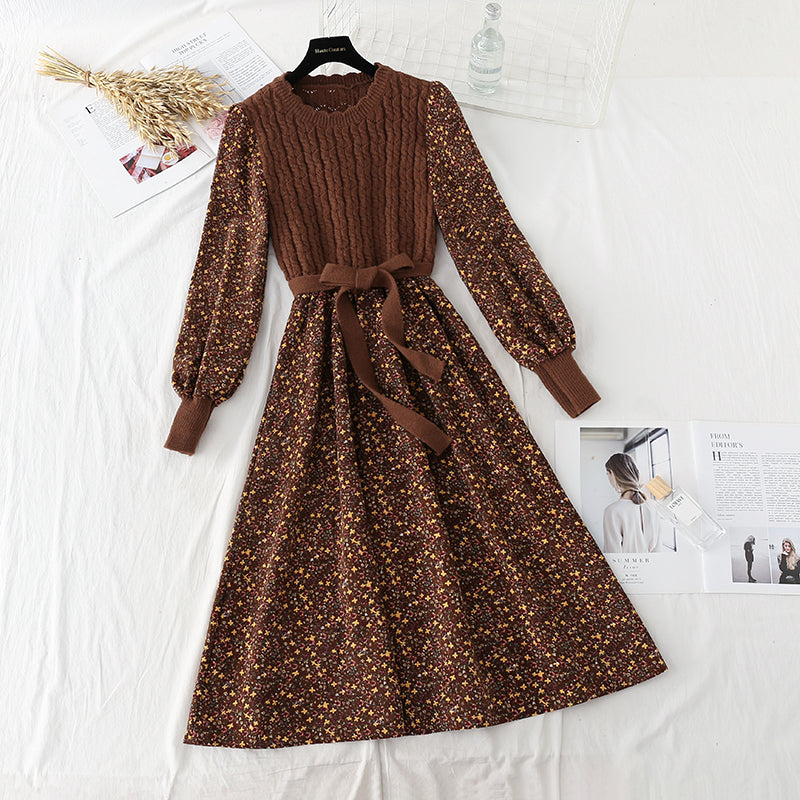 Floral dress new style stitching shows thin temperament slim fit with a bottomed sweater 2136