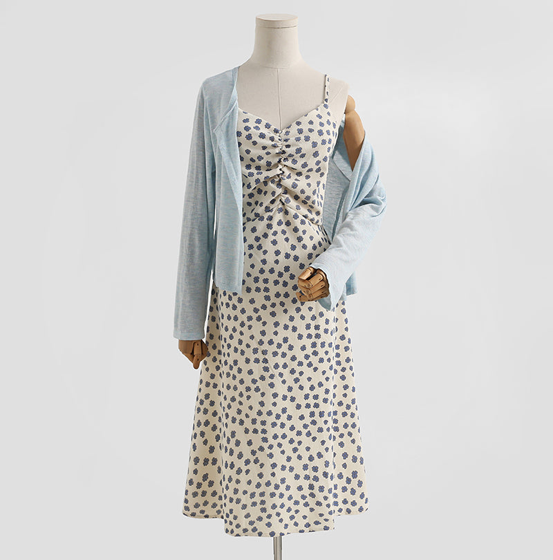 Corduroy dress floral suspender skirt foreign style two-piece temperament long skirt 2151