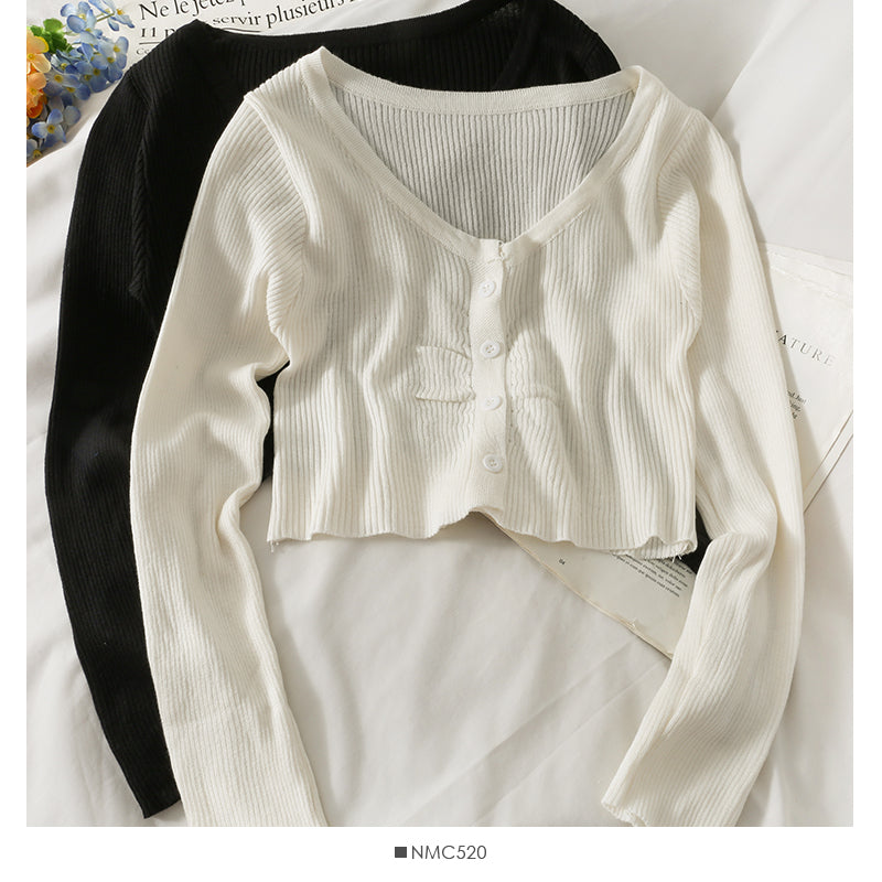 Haut à manches longues et boutonnage simple pour femme, nouveau tricot court et polyvalent, 1973