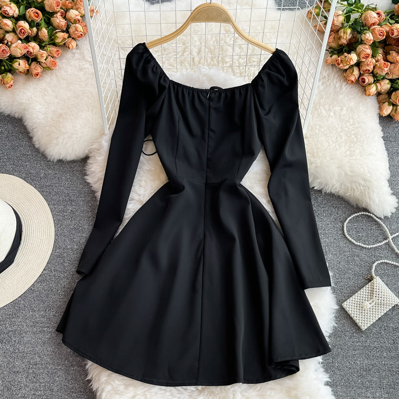 Super fairy long sleeve square neck waist slim dress 2843