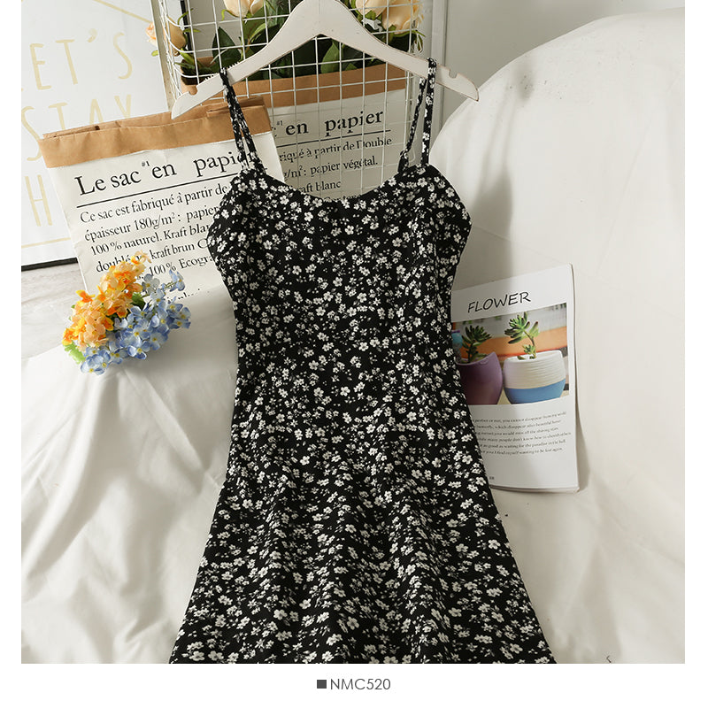 Hong Kong style retro floral high waist low neck short dress 2694