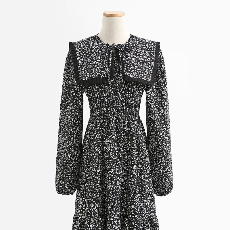 Robe longue coréenne ample à taille cassée avec col de poupée et fleurs pour femmes 2277