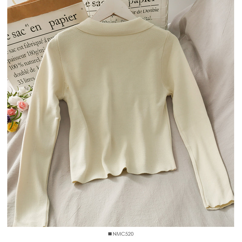 Sweet wind color single breasted Polo neck slim fit sweater 1907